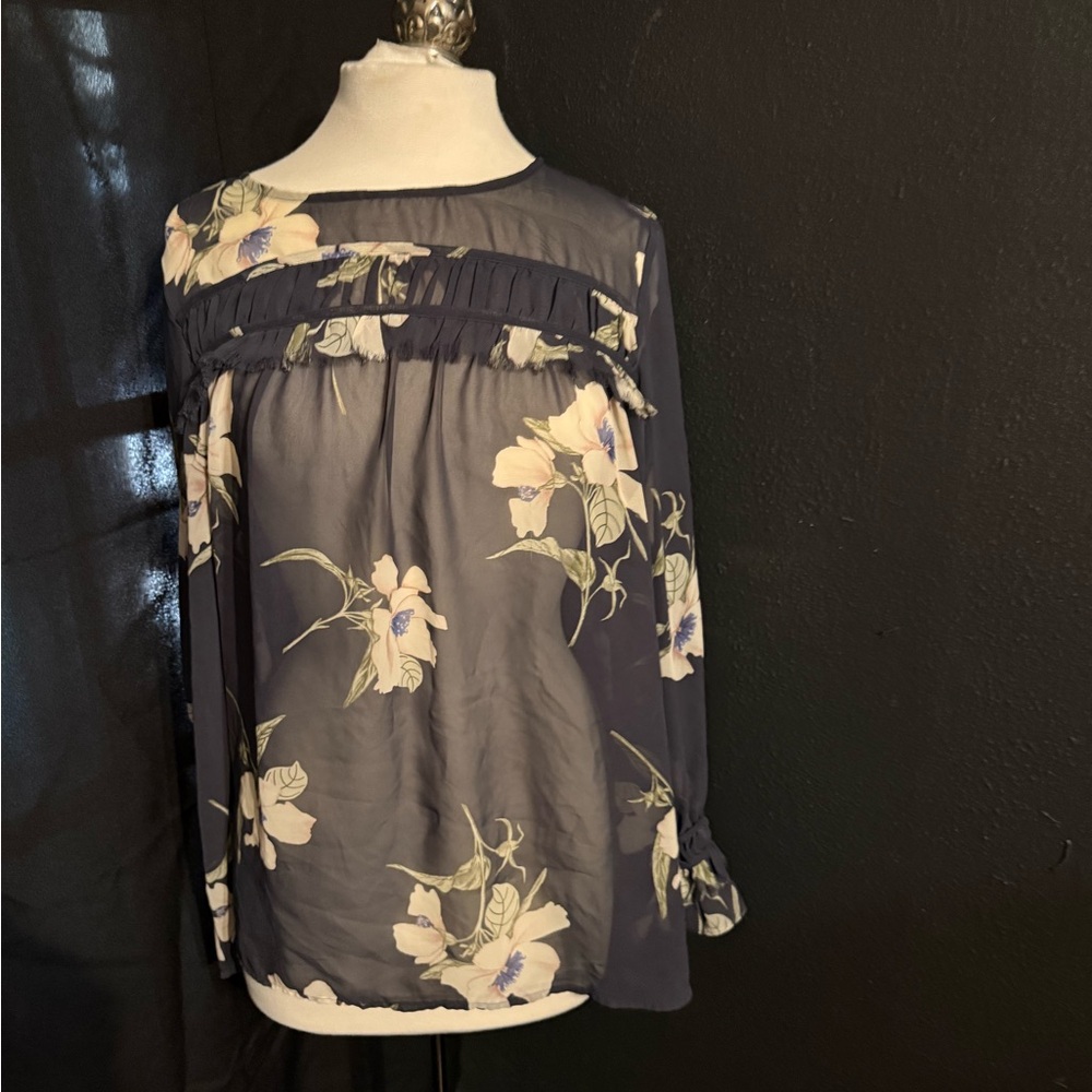 Pleione Navy Floral Chiffon Ruffle Yoke Blouse